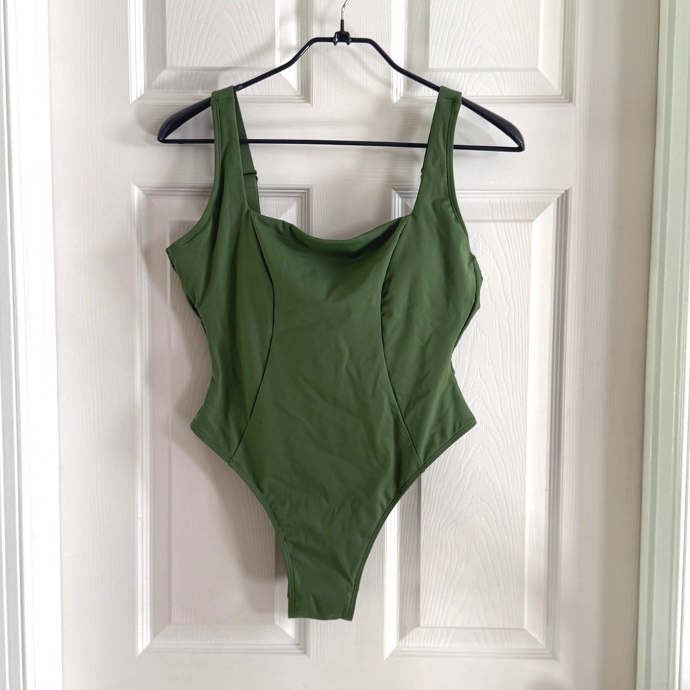 TA3 Hi Cut Squarey One Piece Swimsuit‎ Army Green Lace Up Back Size L Short